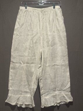 Flax Cream Wide Leg Linen Pants with Ruffle Hem